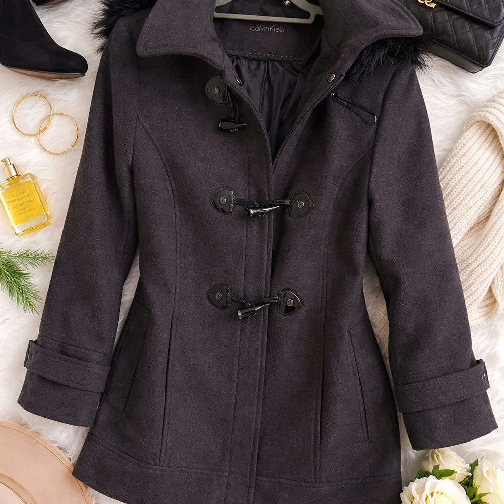 Calvin Klein Women's Dark Gray Pea Coat - Classic Minimalist Essential - Picture 7 of 8
